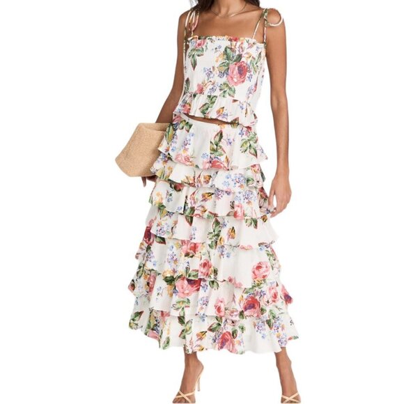Alix‎ of Bohemia Tasha Rose Floral Ruffle Tiered Midi Skirt Small Cottagecore - Picture 3 of 16